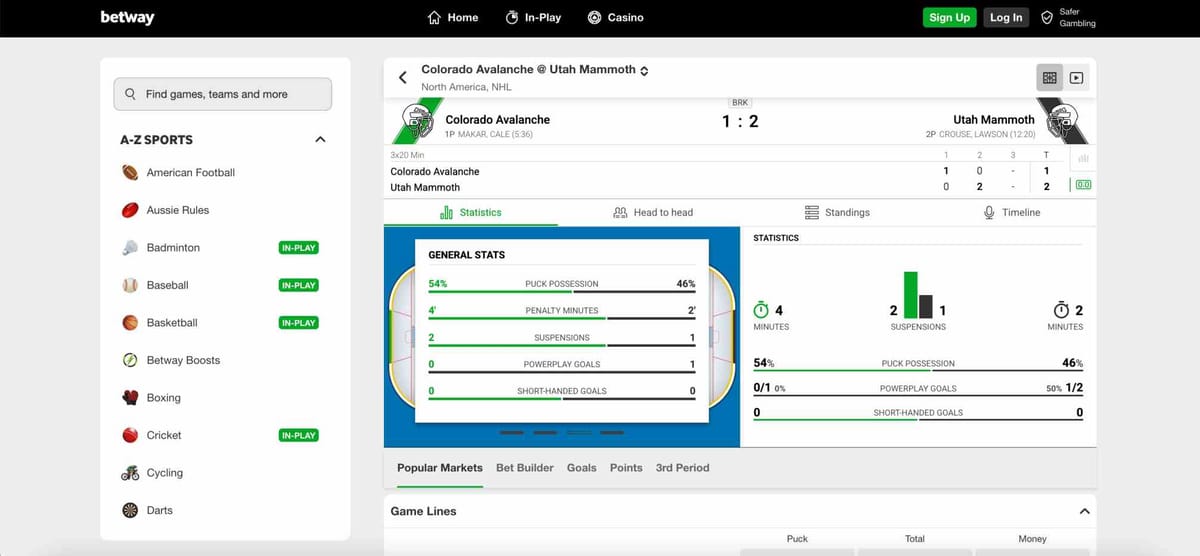 Betway live in-play betting screen showing Colorado Avalanche vs Utah Mammoth odds and game options.