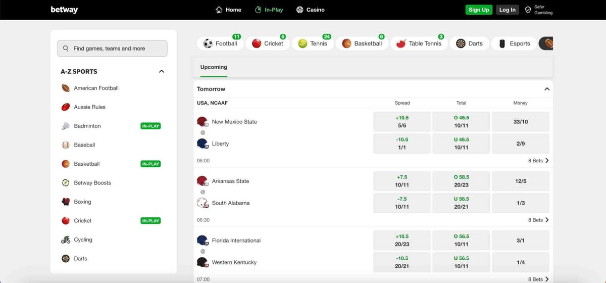 Betway betting dashboard showing upcoming NCAAF games and betting odds, useful for users asking why they can’t cash out on Betway.