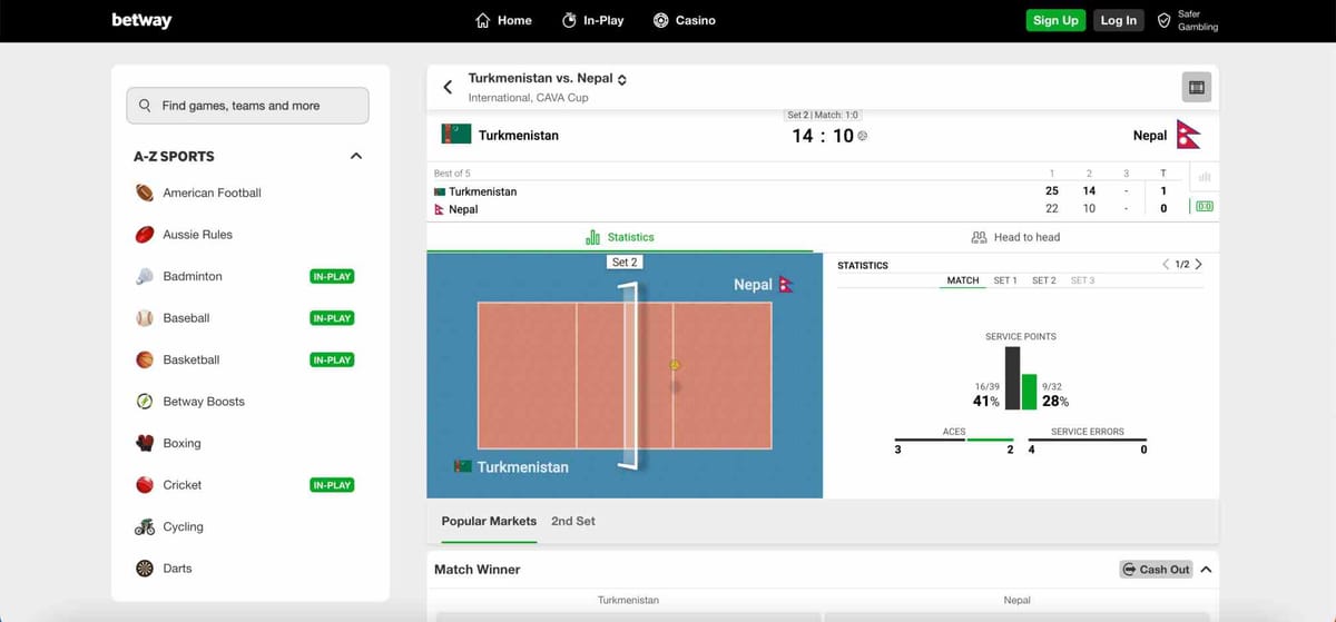 Live volleyball match interface on Betway showing Turkmenistan vs Nepal during in-play betting — example from Betway Netbanking deposit India users’ platform.