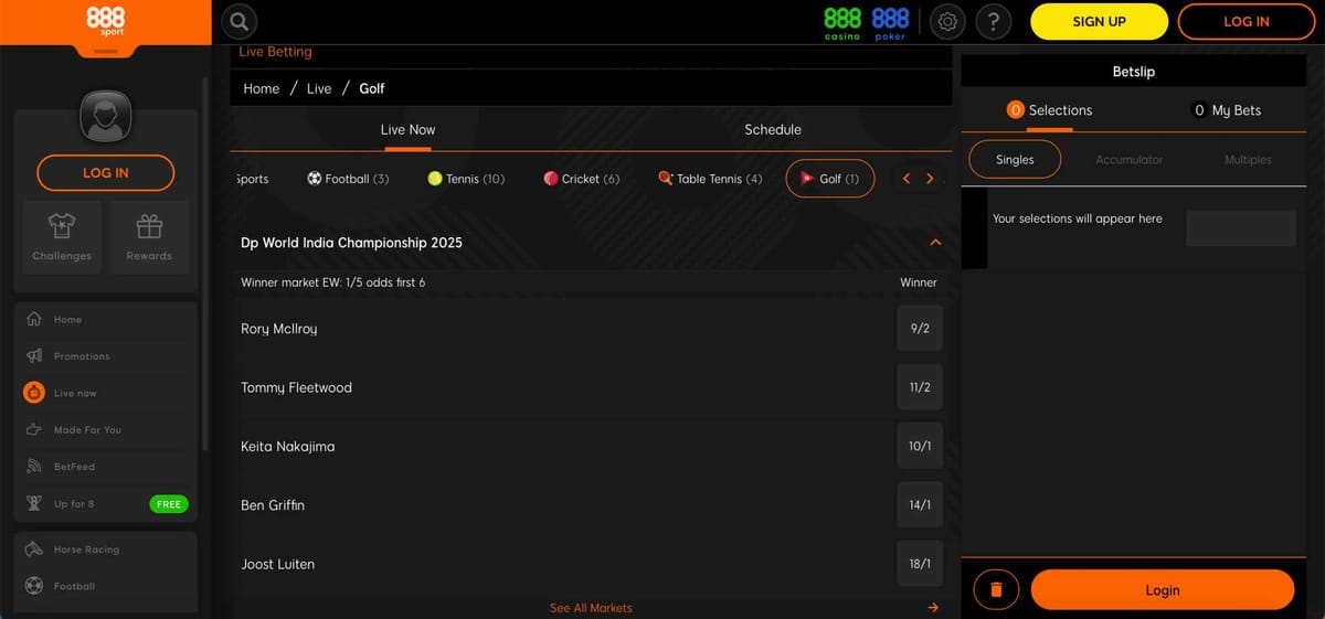 DP World India Championship 2025 golf betting odds on 888sport showing live markets and bet credits options.