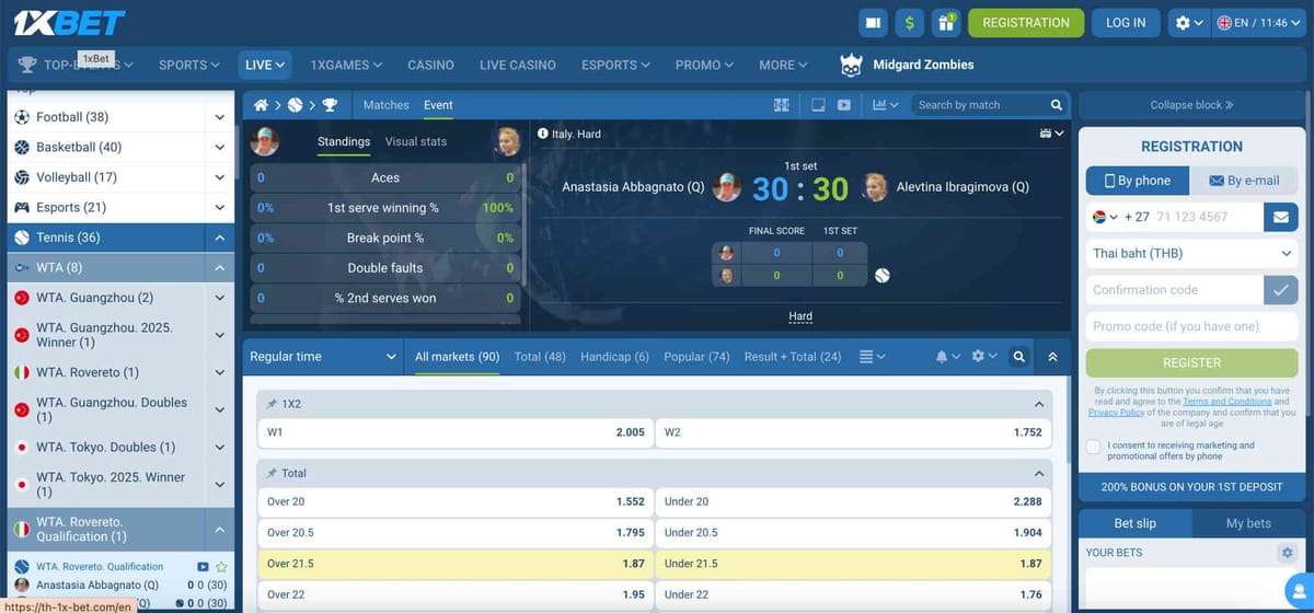Live tennis match betting screen on 1xBet showing Anastasia Abbagnato vs Alevtina Ibragimova, example for how much you can put on 1xBet super boost.