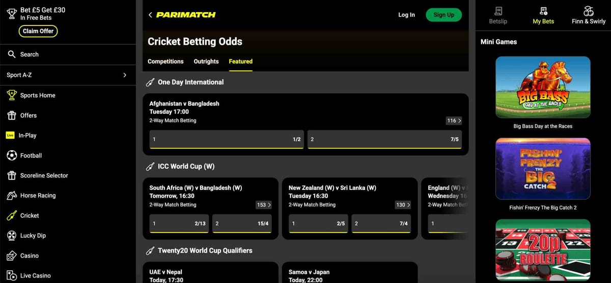 Parimatch betting page showing cricket odds and offers for matches in New Zealand, relevant to how long Parimatch withdrawal takes NZ.