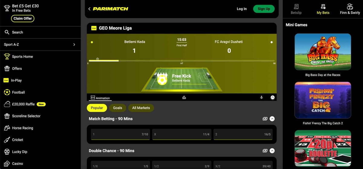 Live football match screen on Parimatch showing Betlemi Keda vs FC Aragvi Dusheti — example from article about whether Parimatch can take money back after cash out.
