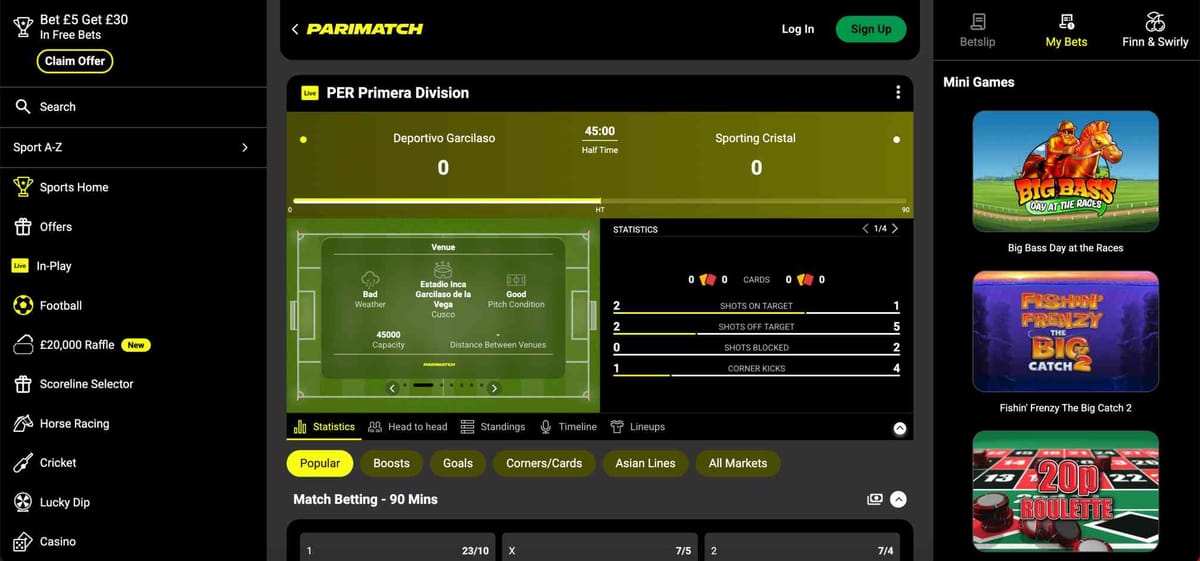 Live football match interface on Parimatch showing Deportivo Garcilaso vs Sporting Cristal, part of the Parimatch Paytm deposit India betting platform.
