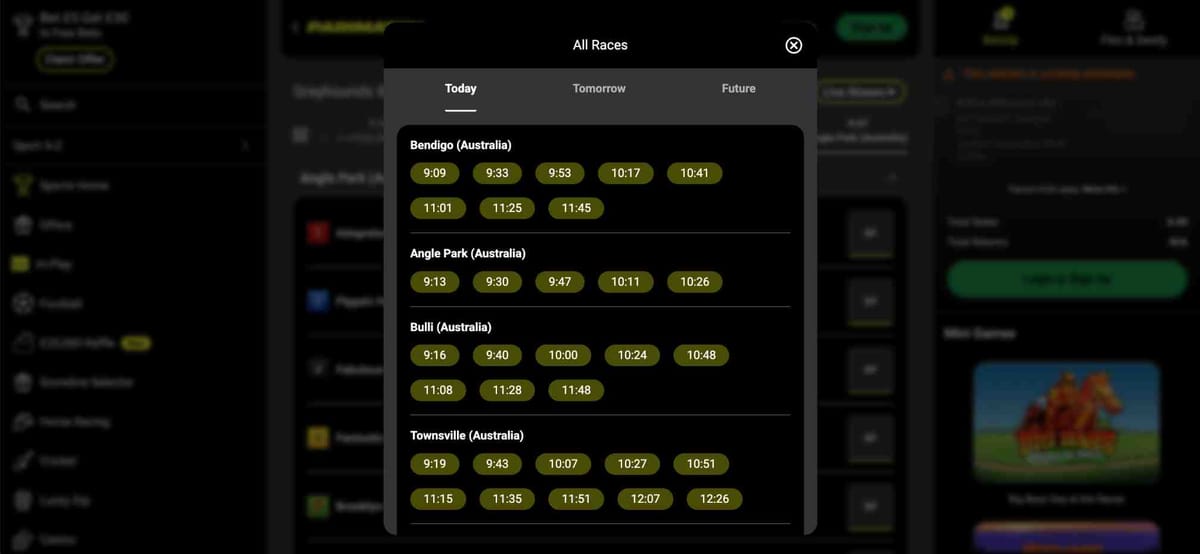 Parimatch racing schedule showing Australian greyhound race times — your deposit limit cannot be increased Parimatch.