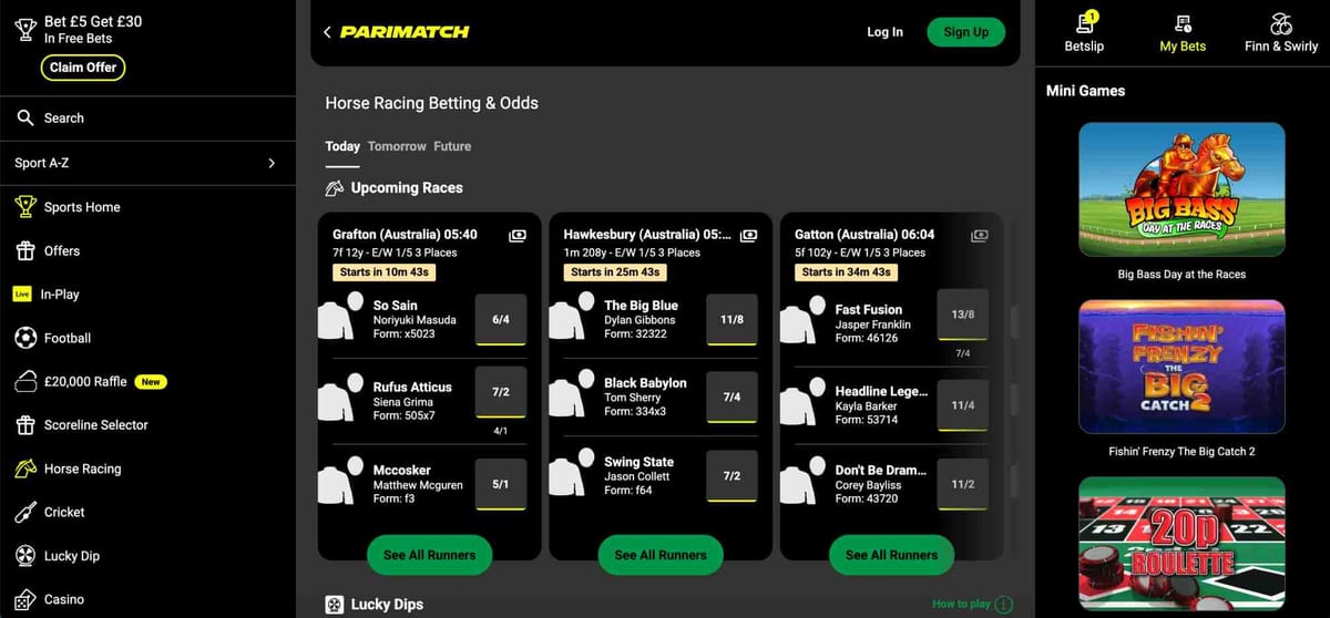 Parimatch horse racing betting page showing upcoming races and each way odds options.