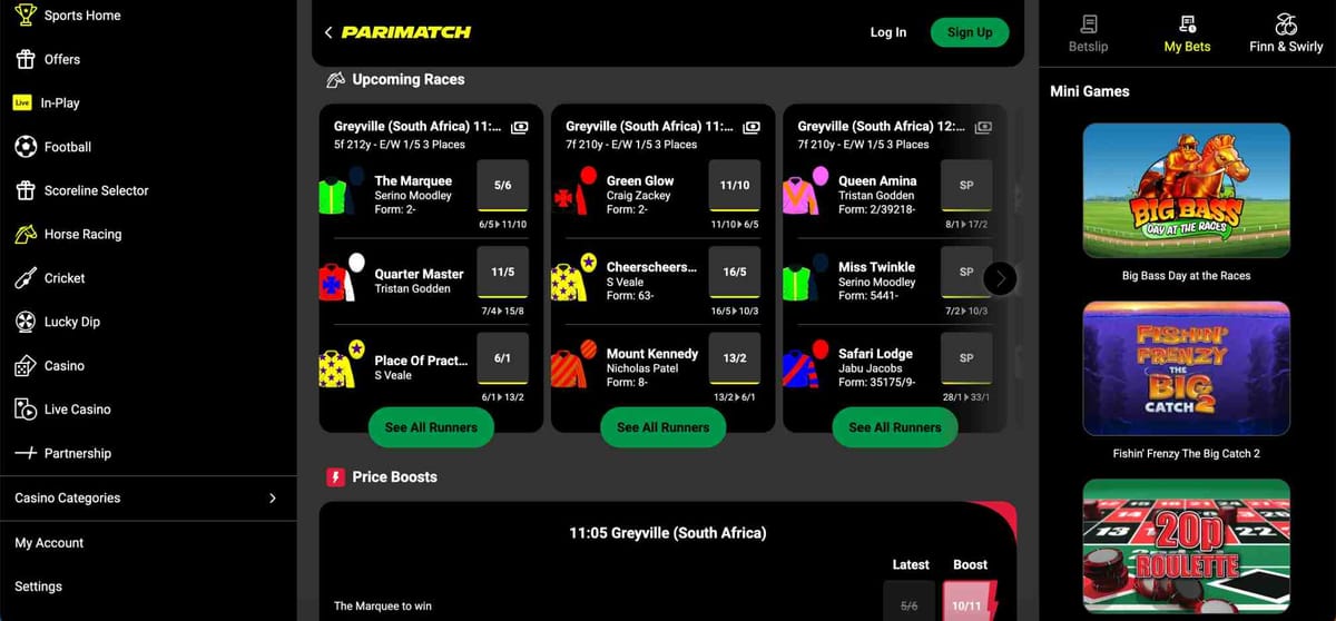 Parimatch horse racing and betting interface showing upcoming Greyville races — Parimatch wire transfer withdrawal Australia guide.