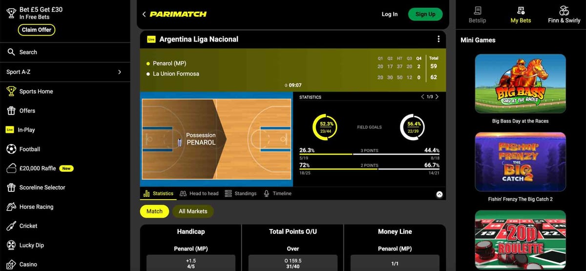 Live basketball betting screen on Parimatch showing Argentina Liga Nacional stats and markets, useful for players checking how much you can put on Parimatch super boost.