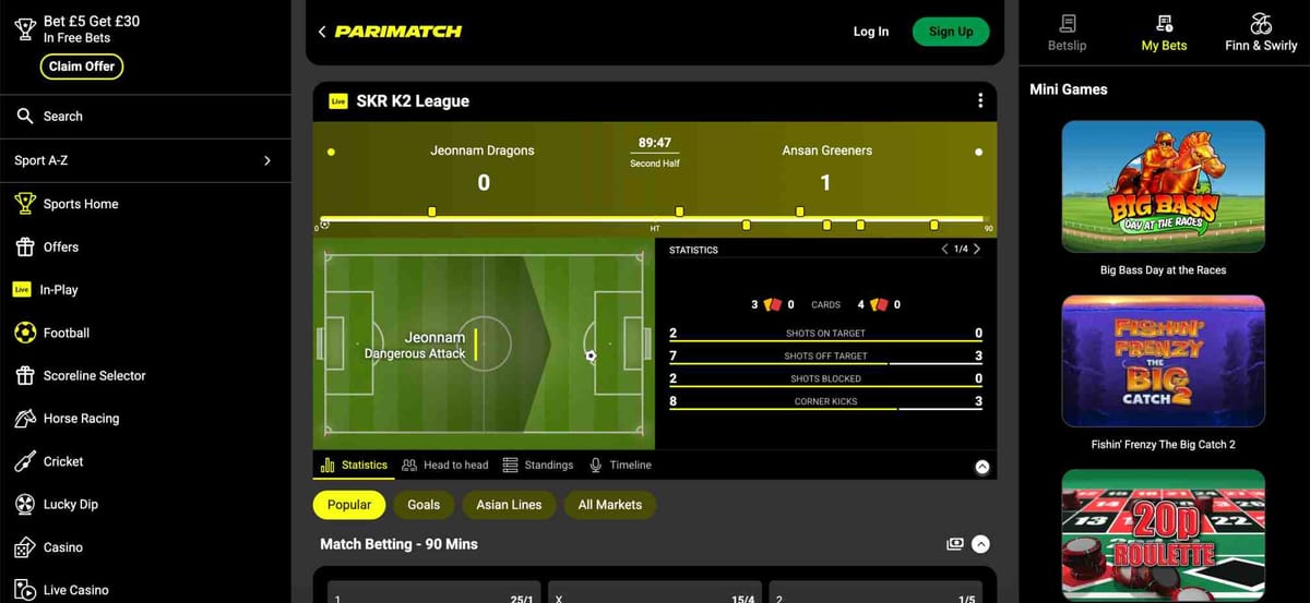 Live football betting interface on Parimatch showing Jeonnam Dragons vs Ansan Greeners match — example of Parimatch platform use with or without VPN.