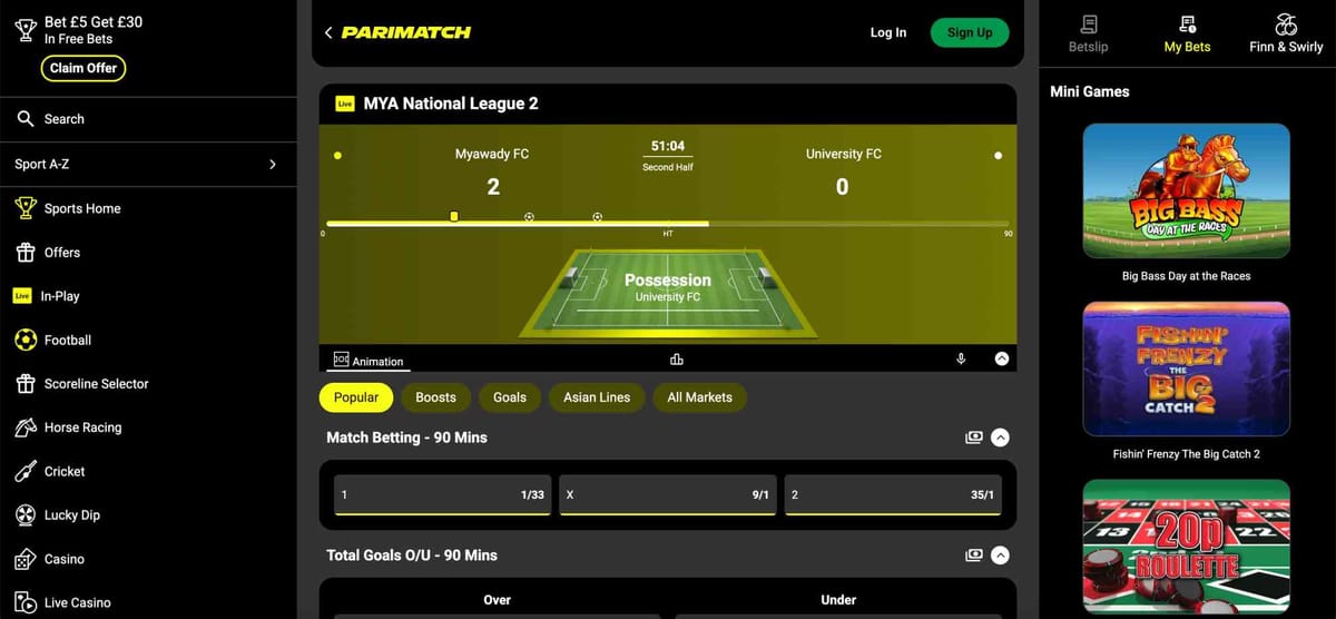 Live football betting screen on Parimatch showing Myawady FC vs University FC, part of research on “Can Parimatch refuse to pay out”