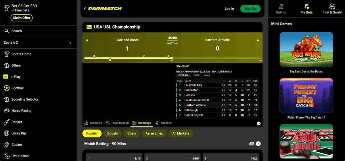 Parimatch live betting screen showing USA USL Championship match and standings