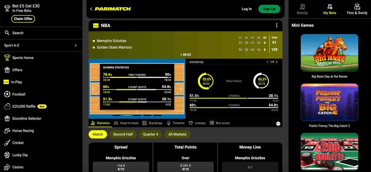 Live NBA game stats between Memphis Grizzlies and Golden State Warriors on Parimatch — example of in-play betting screen.