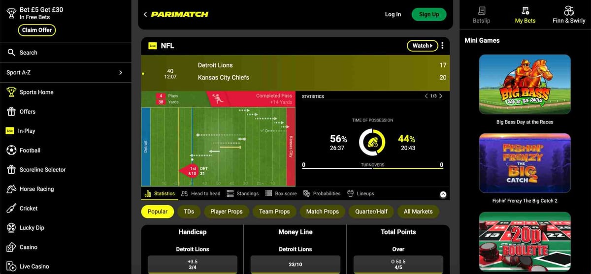 Live NFL betting screen on Parimatch showing Detroit Lions vs Kansas City Chiefs, part of a guide on what happens if a player doesn't start Parimatch.