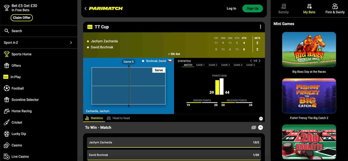 Parimatch live table tennis match display showing TT Cup stats and betting odds, related to Parimatch Venmo withdrawal time.