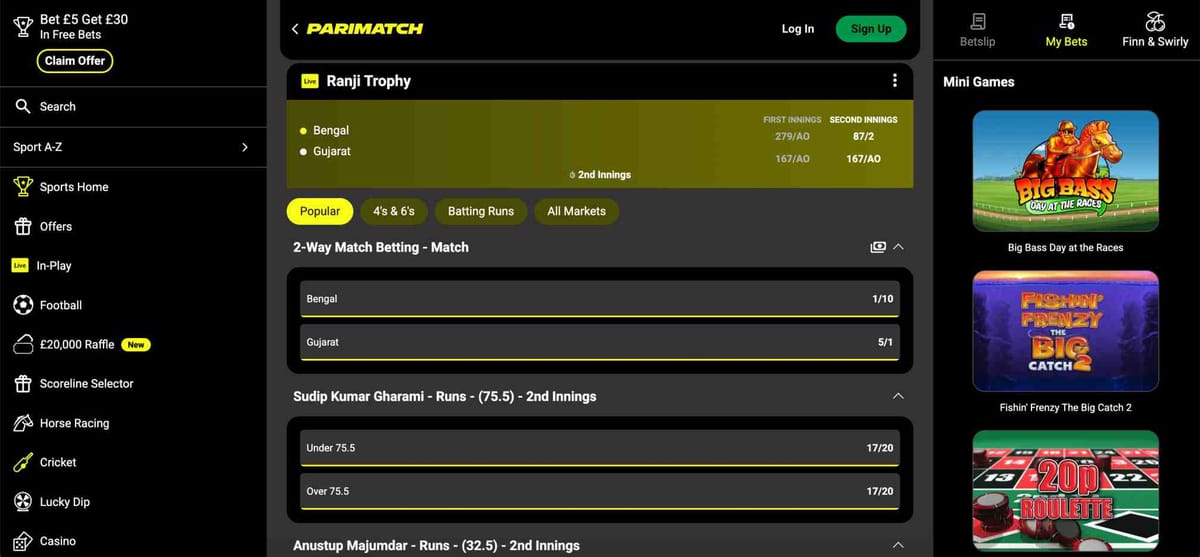 Live cricket betting odds for the Ranji Trophy on Parimatch showing Bengal vs Gujarat match details and markets.
