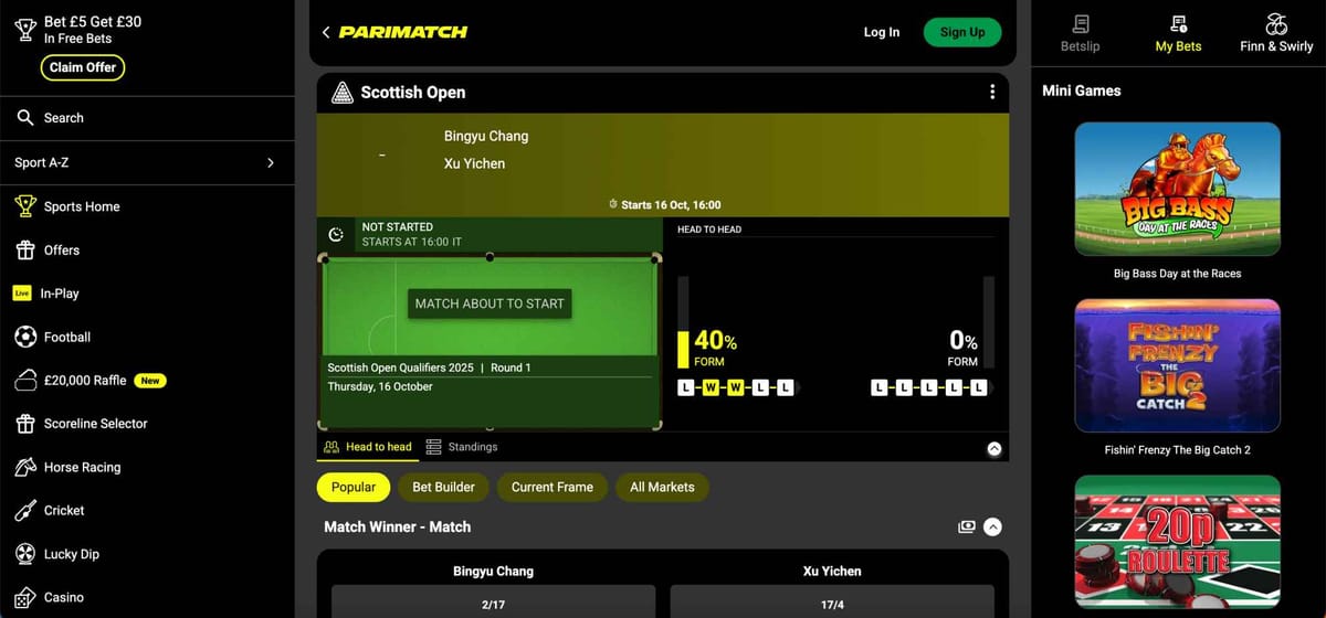 Parimatch interface showing Scottish Open snooker betting options and player odds in South Africa.