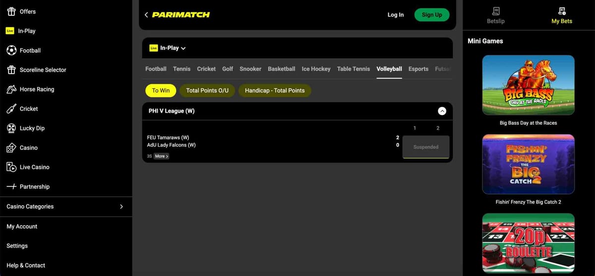 Parimatch live volleyball betting screen showing FEU Tamaraws vs AdU Lady Falcons – guide for users in Pakistan on Parimatch bank withdrawal.