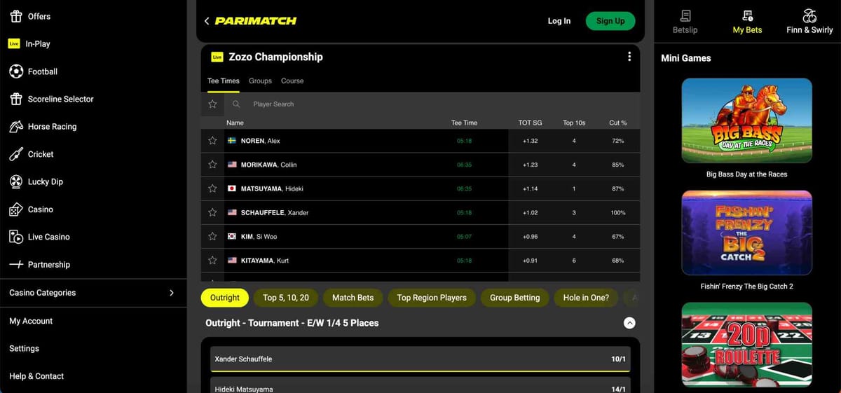 Parimatch Zozo Championship golf betting odds showing players and tee times on the Parimatch sports platform.