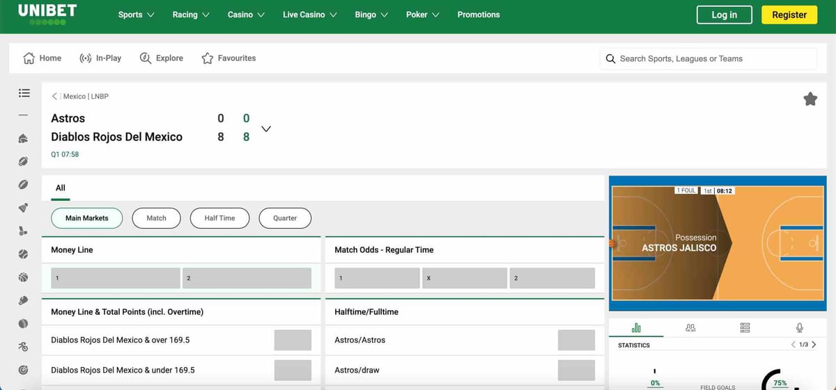 Live basketball scores and betting markets on Unibet for Astros vs Diablos Rojos Del Mexico – example of Unibet interface for players in India using Paytm deposit.