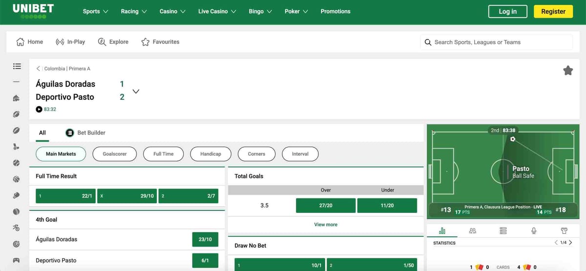 Unibet live betting screen showing Águilas Doradas vs Deportivo Pasto in Colombia Primera A, an example of Unibet mobile money Rwanda betting interface.