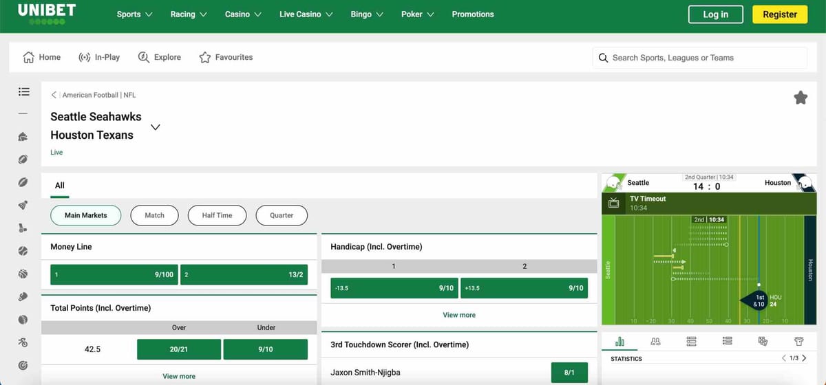 Unibet live betting screen showing Seattle Seahawks vs Houston Texans NFL game with odds and match stats — related to Unibet accumulator bonus not paid issue.