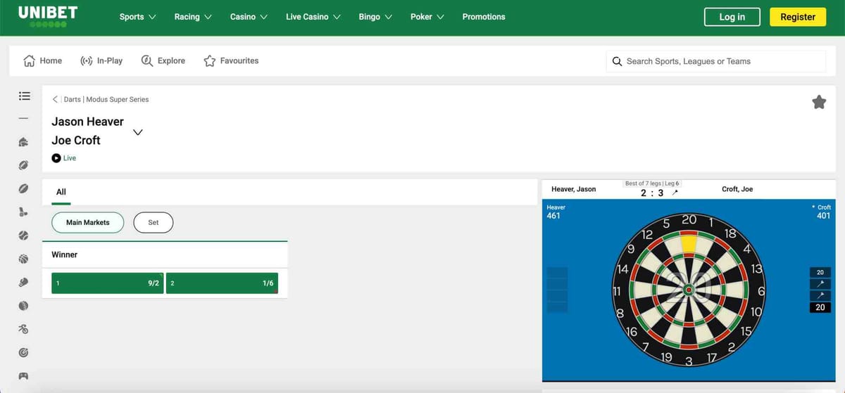 Unibet live darts betting screen showing Jason Heaver vs Joe Croft match odds, displaying how users can place bets and check markets.