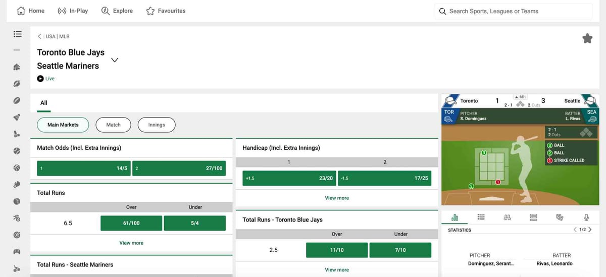 Live MLB betting odds for Toronto Blue Jays vs Seattle Mariners on Unibet, showing in-play markets and live match updates related to Unibet Venmo withdrawal time article.