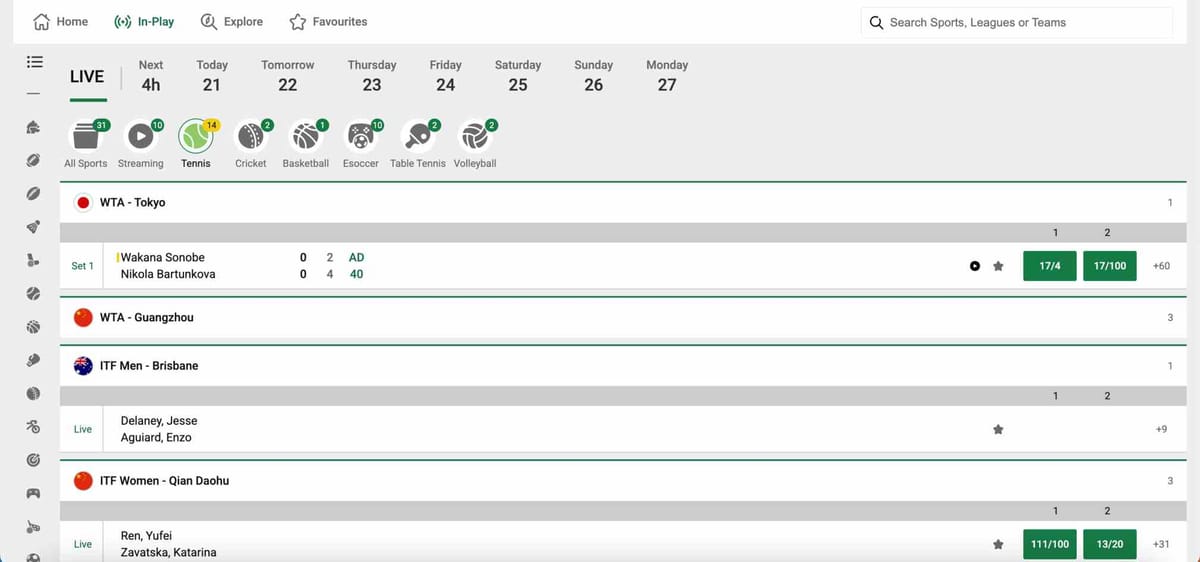 Live tennis scores displayed on Unibet showing WTA Tokyo match between Wakana Sonobe and Nikola Bartunkova — example from Unibet Australia site.