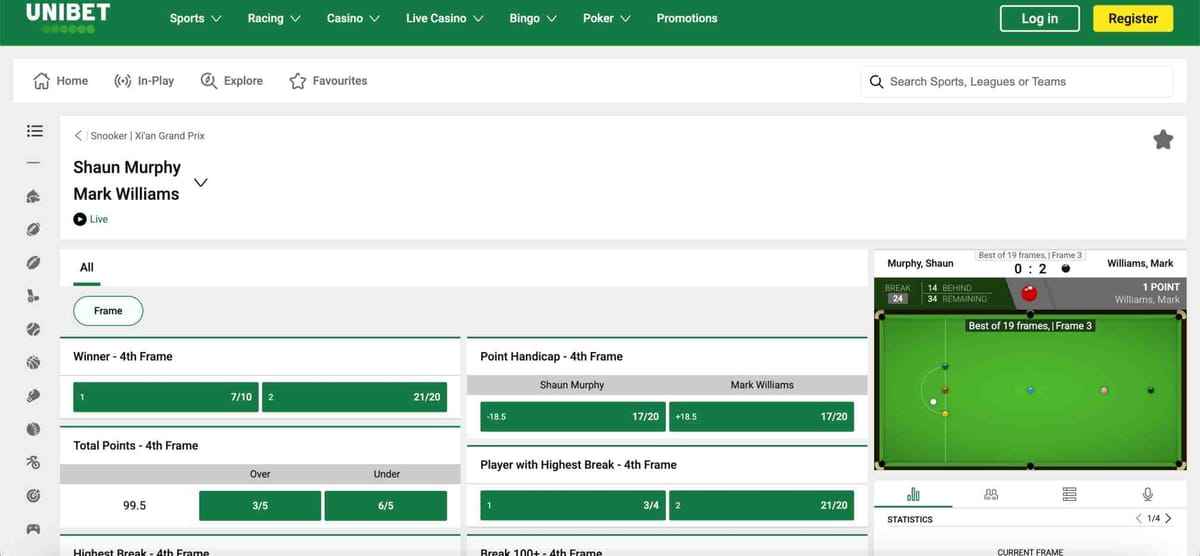 Unibet live betting screen showing Shaun Murphy vs Mark Williams snooker odds and frame markets — example of betting limits related to how much you can put on Unibet super boost.