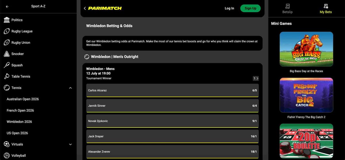 Wimbledon 2026 men’s outright betting odds on Parimatch showing Carlos Alcaraz and Jannik Sinner as top favorites — what happens if a player gets injured Parimatch