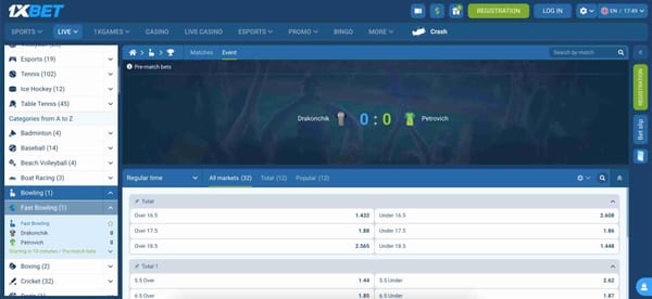 1xBet Fast Bowling match betting odds, showing Drakonchik vs Petrovich, including betting options such as Over and Under for 16.5, 17.5, and 18.5.