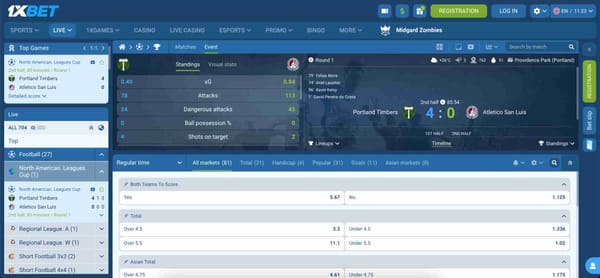 Live football match interface showing Portland Timbers leading Atletico San Luis 4-0 on 1xBet, relevant to understanding why you can't cash out on 1xBet during active games.