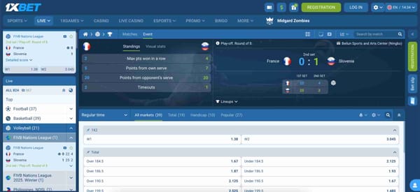 Live volleyball betting screen on 1xBet during FIVB Nations League — showing match stats and odds; relevant for users asking can I withdraw money from 1xBet in Mauritius.