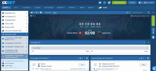 Upcoming PFL 8 event between Damion Nelson and Isaiah Diggs shown on 1xBet interface, relevant to 1xBet Interac deposit problem article.
