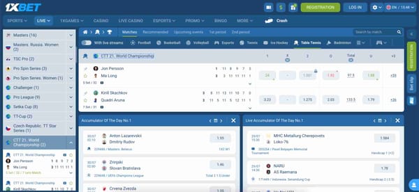 1xBet table tennis live match screen showing how to convert bonus into cash.