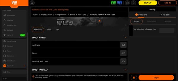 888sport match odds for Australia vs British & Irish Lions – how do I unlock my 888sport account to bet?