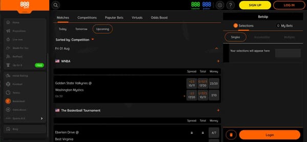 888sport betting odds for upcoming basketball games, including Golden State Valkyries vs Washington Mystics.