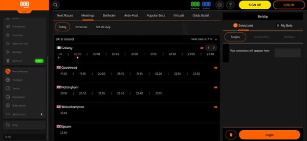 Upcoming UK and Ireland horse races displayed on 888sport, relevant for users exploring Neteller deposit options in Bangladesh.
