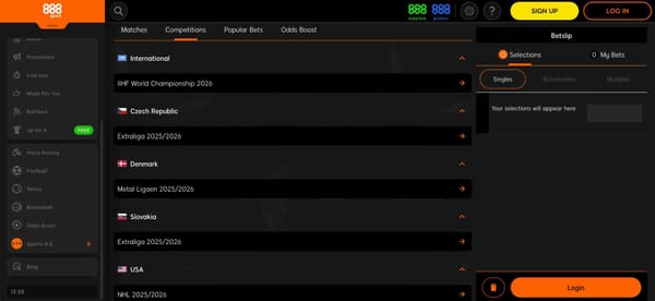888sport betting interface showing international and national ice hockey competitions for 2025/2026, related to the query "Can 888sport take money back after cash out".