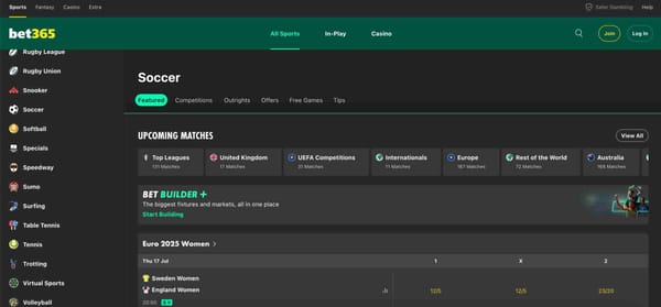 Screenshot of the Bet365 soccer betting interface showing upcoming matches and betting markets, useful for exploring if Bet365 does a header count as a shot.