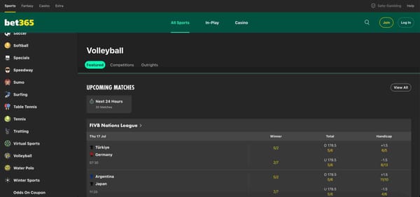 Upcoming volleyball matches on Bet365 showing FIVB Nations League odds – Bet365 how to use free bet for volleyball betting.