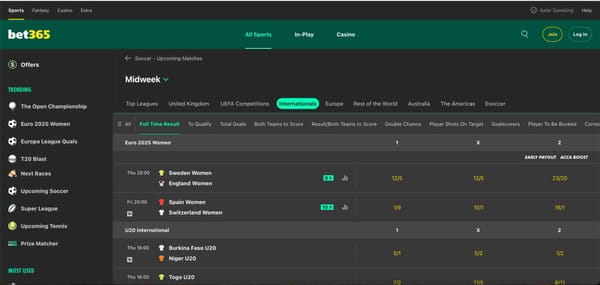 Screenshot of international soccer betting odds on Bet365 showing Euro 2025 Women and U20 International matches, relevant for understanding Bet365 what is double chance options.