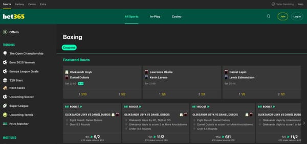 Screenshot of the Bet365 boxing section showing featured bouts and betting odds, relevant to users wondering "Can Bet365 cancel a withdrawal" due to potential account verification issues.