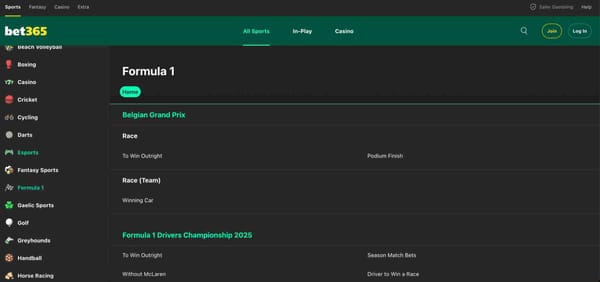 Bet365 Formula 1 betting options showing Belgian Grand Prix odds, including outright winner and podium finish markets — relevant to understanding how bet credits work Bet365.