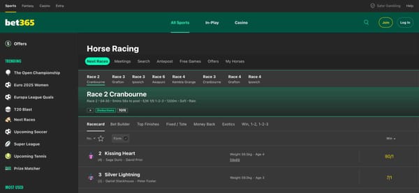 Screenshot of Bet365 horse racing racecard showing odds and runners for Race 2 at Cranbourne, useful for understanding Bet365 what does each way mean in betting.