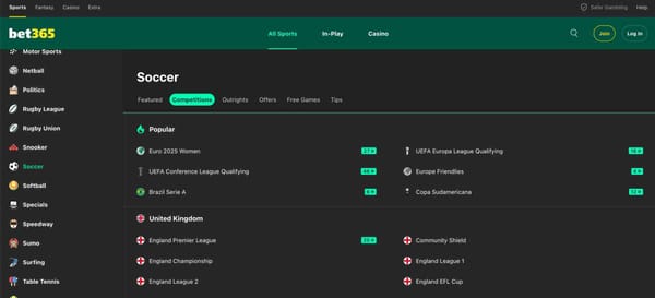 Bet365 soccer menu showing competitions and betting options.