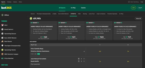 Bet365 tennis betting interface showing ATP/WTA bet boosts and match odds, part of the user experience when considering features like instant withdrawal.
