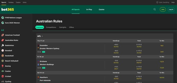 Screenshot of the Bet365 Australian Rules betting interface showing handicap and total points odds, useful for understanding What is Bet365 safety net bet and match wagering options.