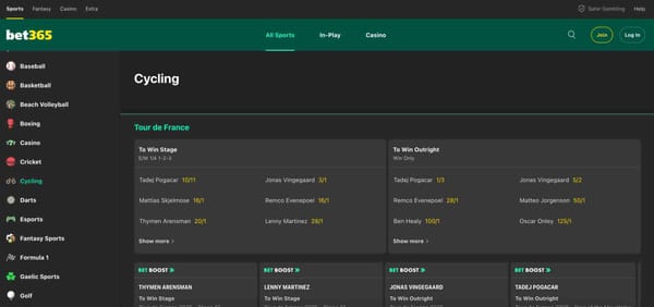 Cycling odds on Bet365 showing Tour de France stage and outright winners—understanding betting patterns may raise questions like will Bet365 ban me if I win too much.