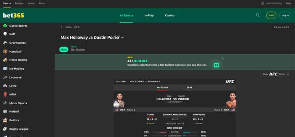 UFC betting odds for Max Holloway vs Dustin Poirier shown on Bet365 platform, relevant for users wondering is Bet365 legal in India for placing MMA bets.